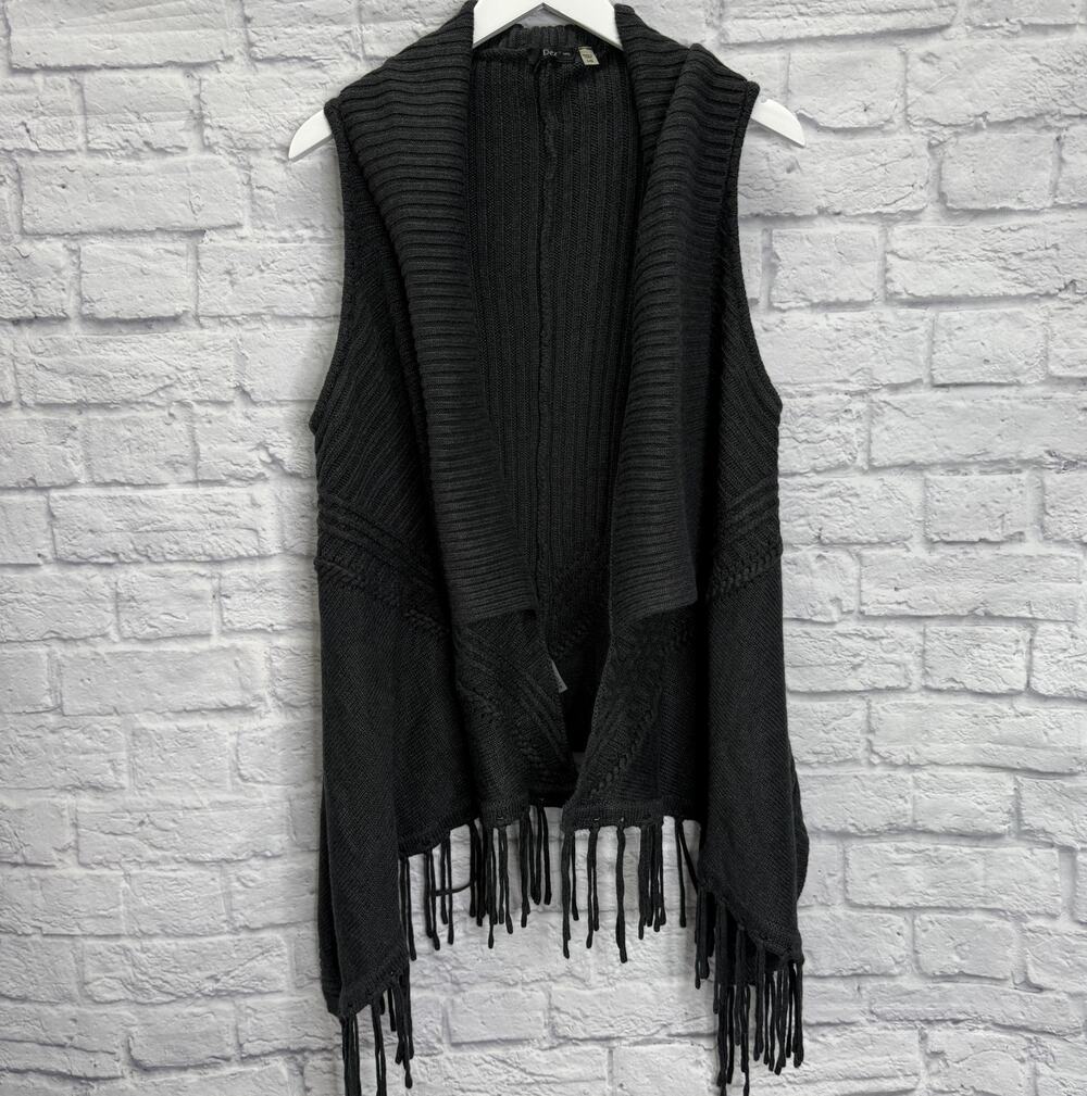 Dex Wool Blend Open Front Sweater Vest Charcoal Gray Size L Tassels